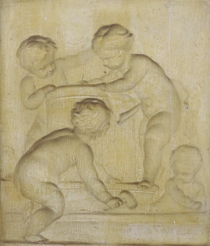 Continental School, late 18th century, en-grisaille oil on board, Cherubs constructing an urn, indistinctly signed, 26 x 23cm